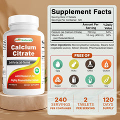 Back label with supplement facts for Best Naturals Calcium Citrate with Vitamin D-3 Pack of 2