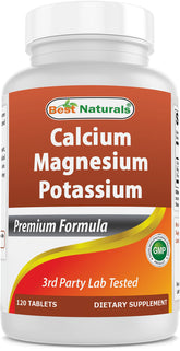 Bottle of Best Naturals Calcium Magnesium Potassium 120 tablets with label