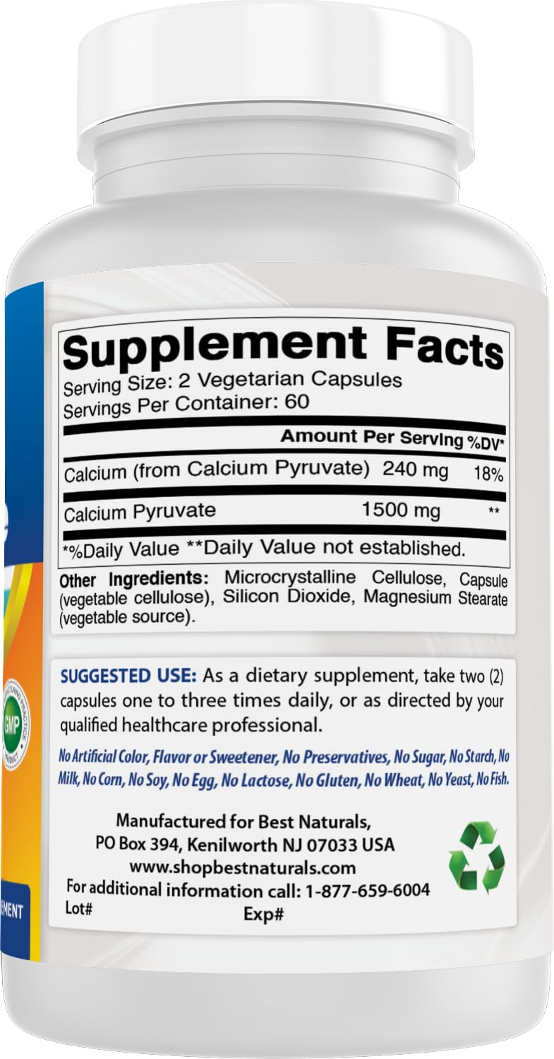 Best Naturals calcium pyruvate 750mg label-info closeup highlights non-GMO and gluten-free