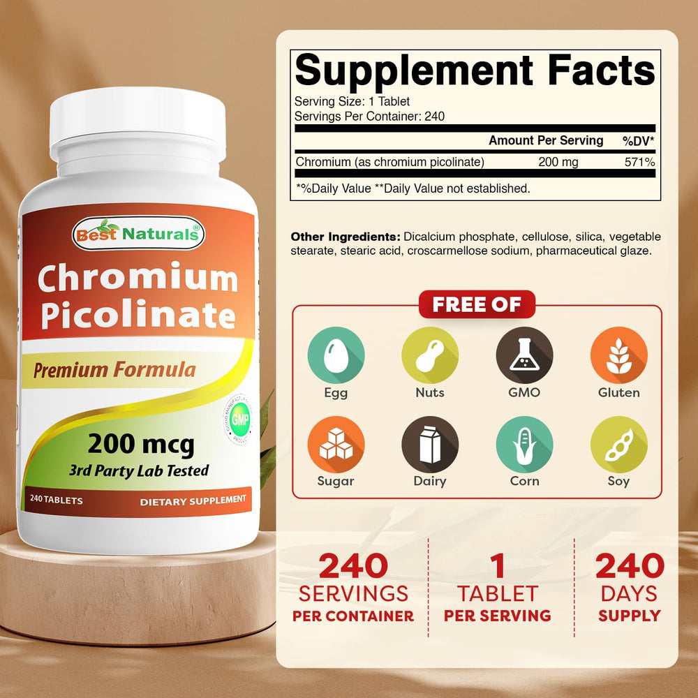 Bottle of Best Naturals Chromium Picolinate Tablets 240 count