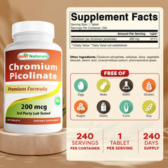 Bottle of Best Naturals Chromium Picolinate Tablets 240 count
