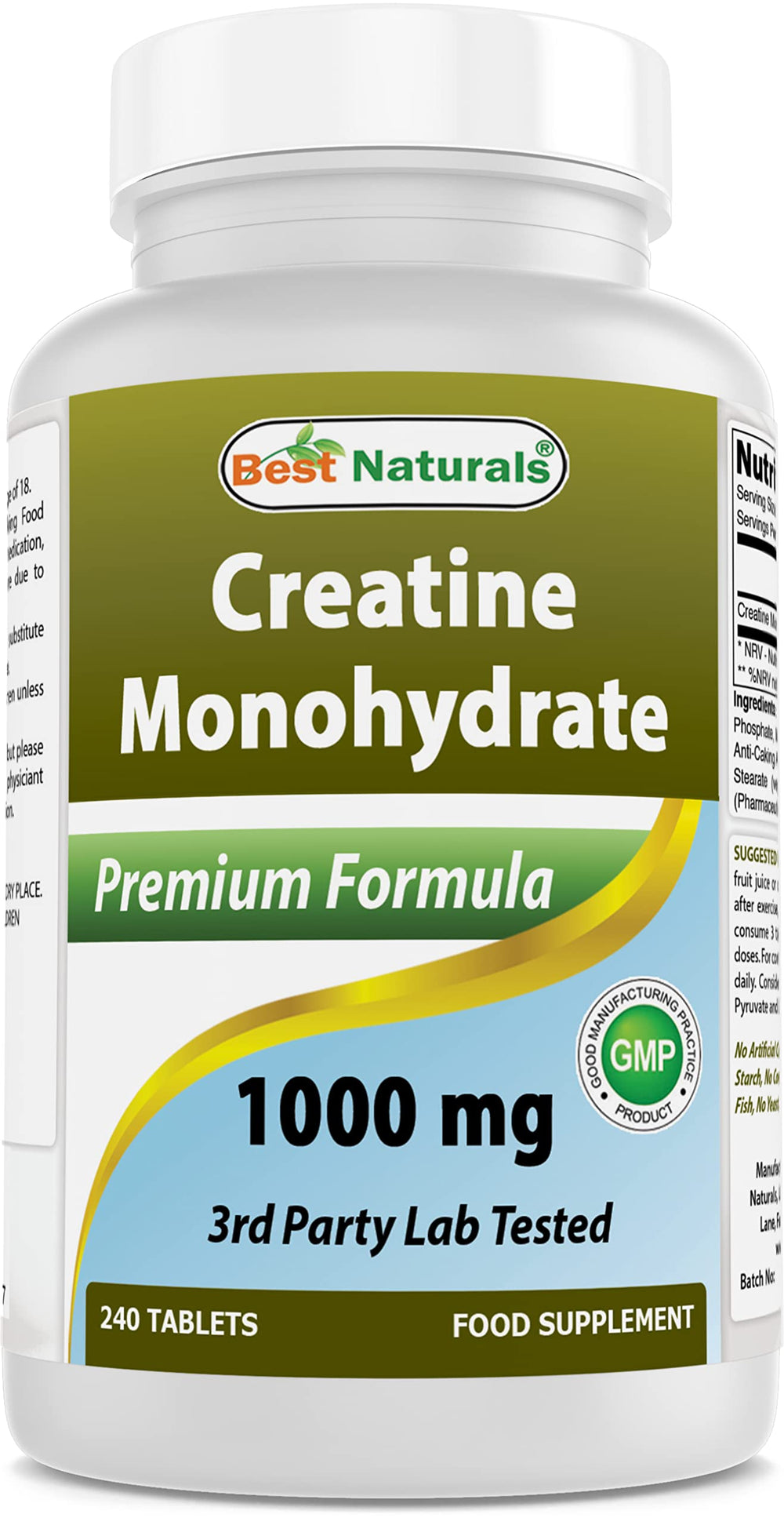 Front view of Best Naturals Creatine Monohydrate 1000 mg 240 tablets bottle