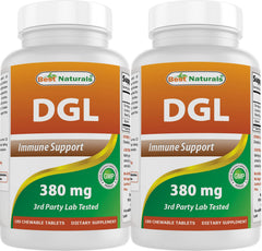 Front view of Best Naturals DGL Chewable 380 mg bottle with 180 tablets