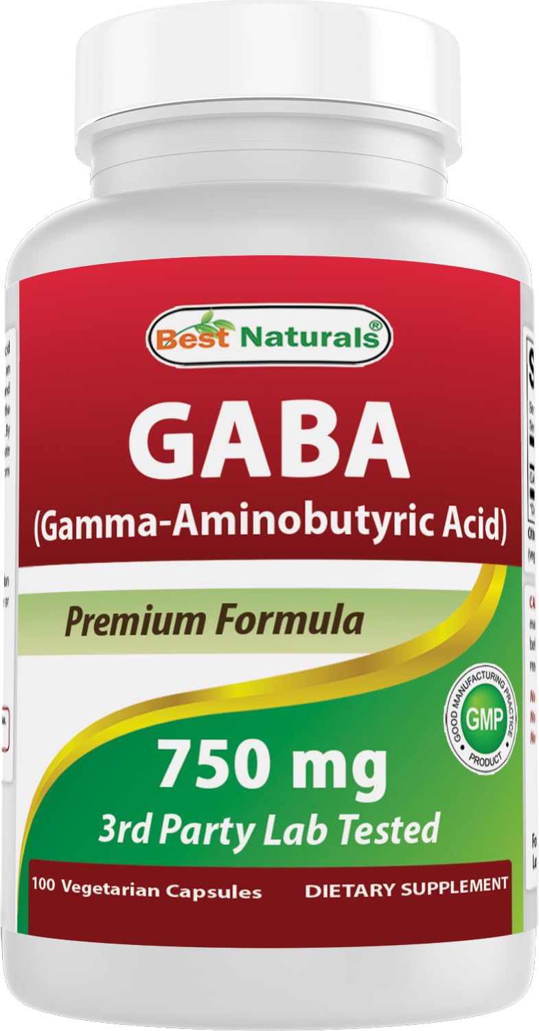 Front view of Best Naturals GABA 750 mg bottle with 100 veggie caps