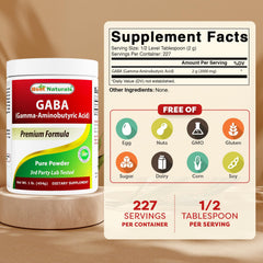 Back label with supplement facts for Best Naturals GABA Pure Powder