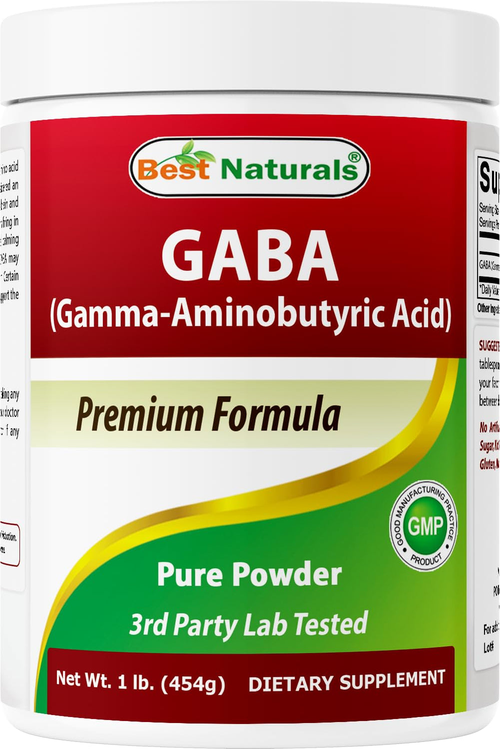 Front view of Best Naturals GABA Pure Powder 1 lb container