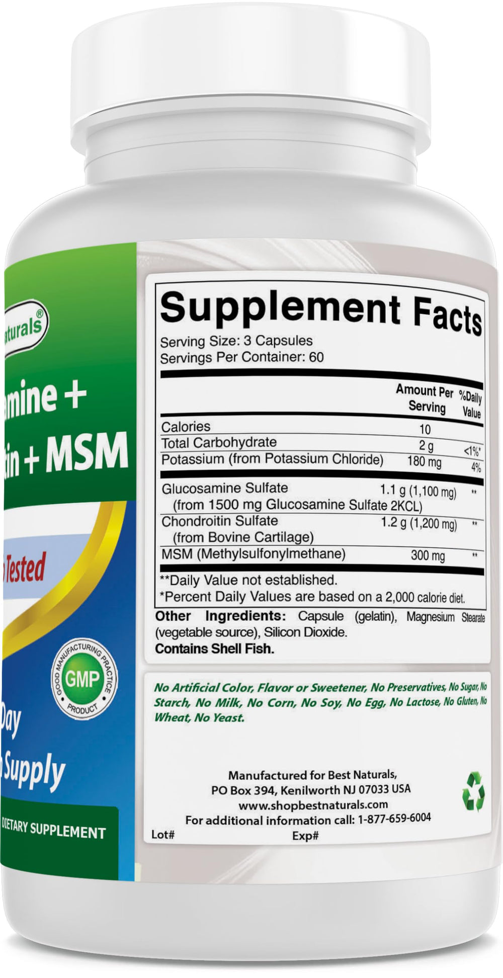 Supplement facts panel with Glucosamine, Chondroitin, MSM