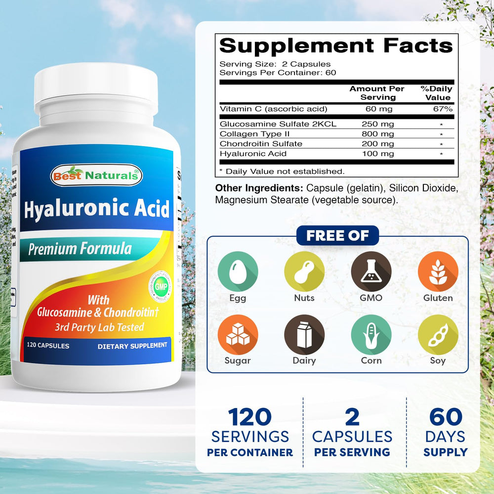 Supplement facts label for Best Naturals Hyaluronic Acid