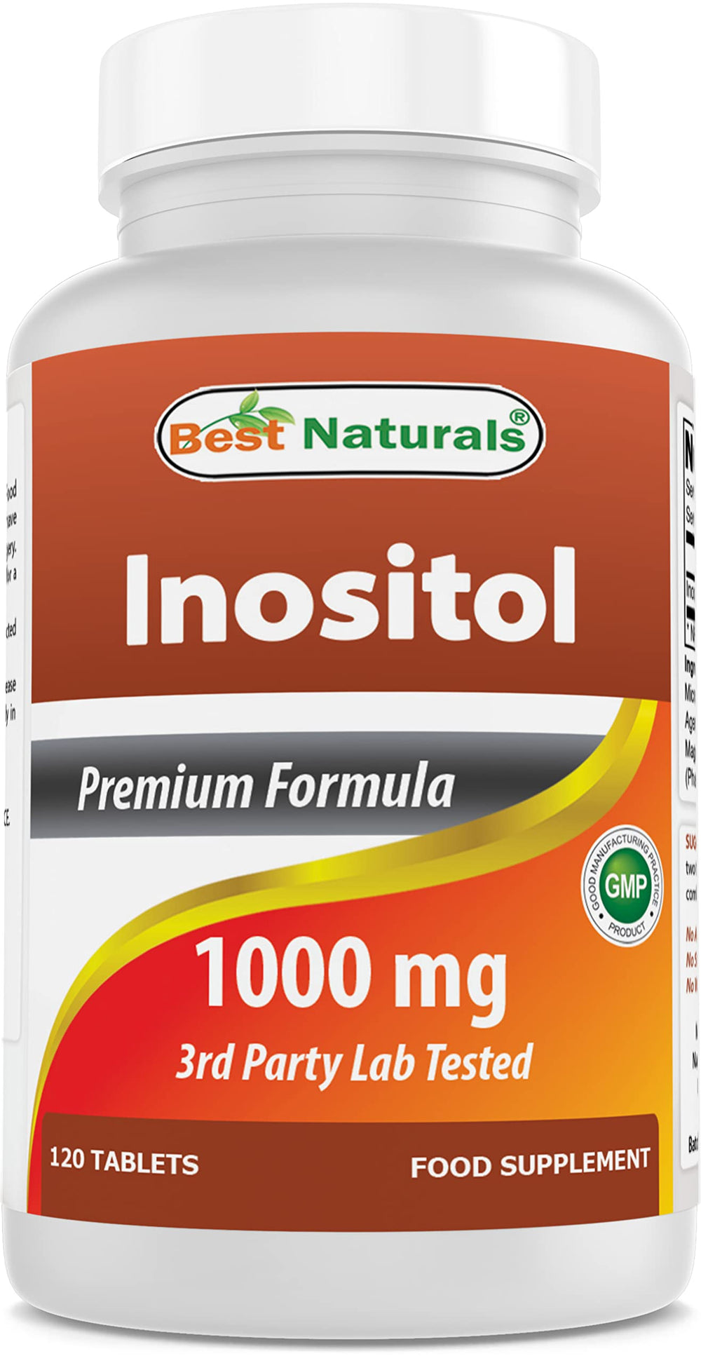 Front view of Best Naturals Inositol 1000mg bottle with 120 tablets