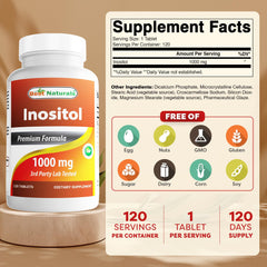 Close-up of bottle label showing 1000 mg Inositol per tablet