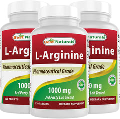 Front view of Best Naturals L-Arginine 1000 mg 3-Pack bottle with 360 tablets