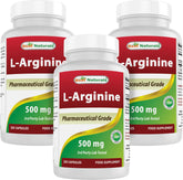 Front view of Best Naturals L-Arginine 500mg bottle with 250 capsules