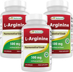 Front view of Best Naturals L-Arginine 500mg bottle with 250 capsules