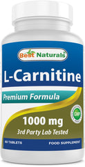 Bottle of Best Naturals L-Carnitine 1000mg with 60 tablets