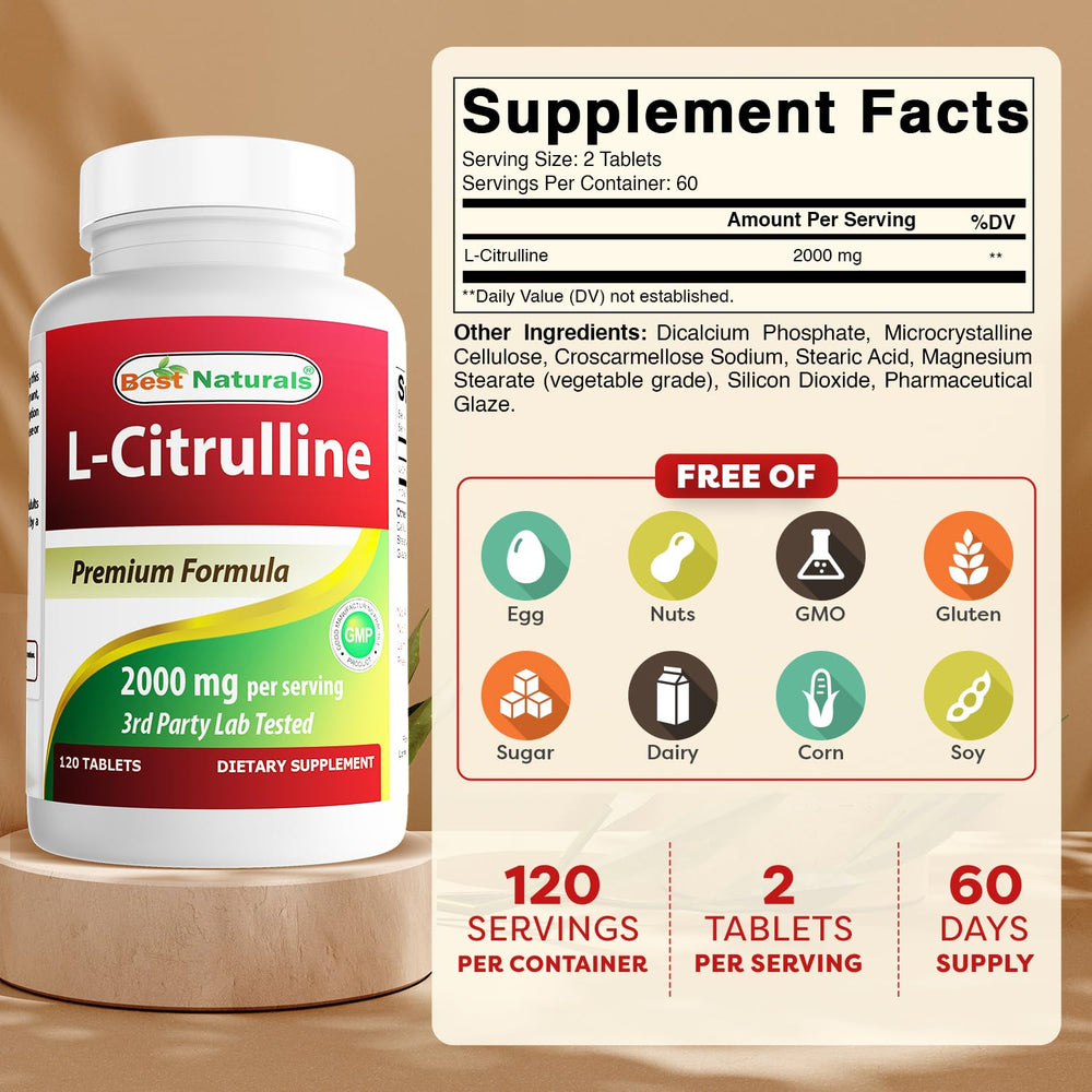 Close-up of L-Citrulline 2000mg per serving tablets