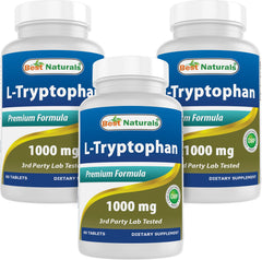 Best Naturals L-Tryptophan 1000 mg bottle with 60 tablets Pack of 3 front view