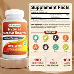 Back label detailing supplement facts on Best Naturals Lactase Bottle