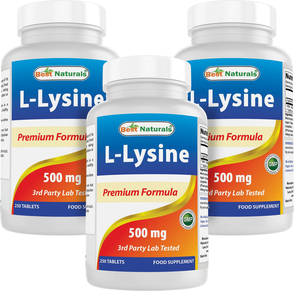 Front view of Best Naturals L-Lysine 500 mg 250-count bottle, pack of 3