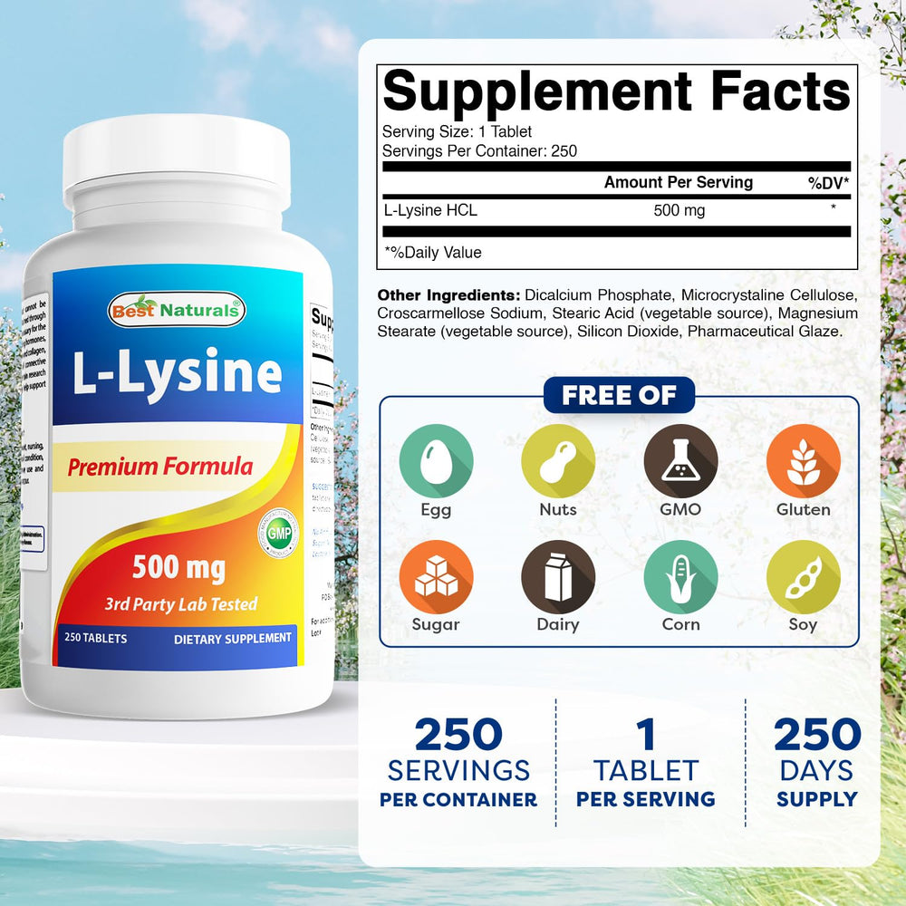 Close-up of Best Naturals L-Lysine 500 mg label