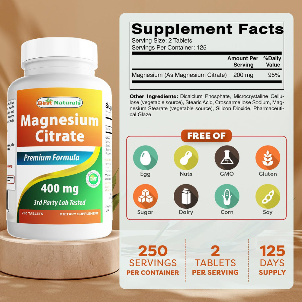 Close-up of magnesium citrate label showing 400 mg elemental magnesium