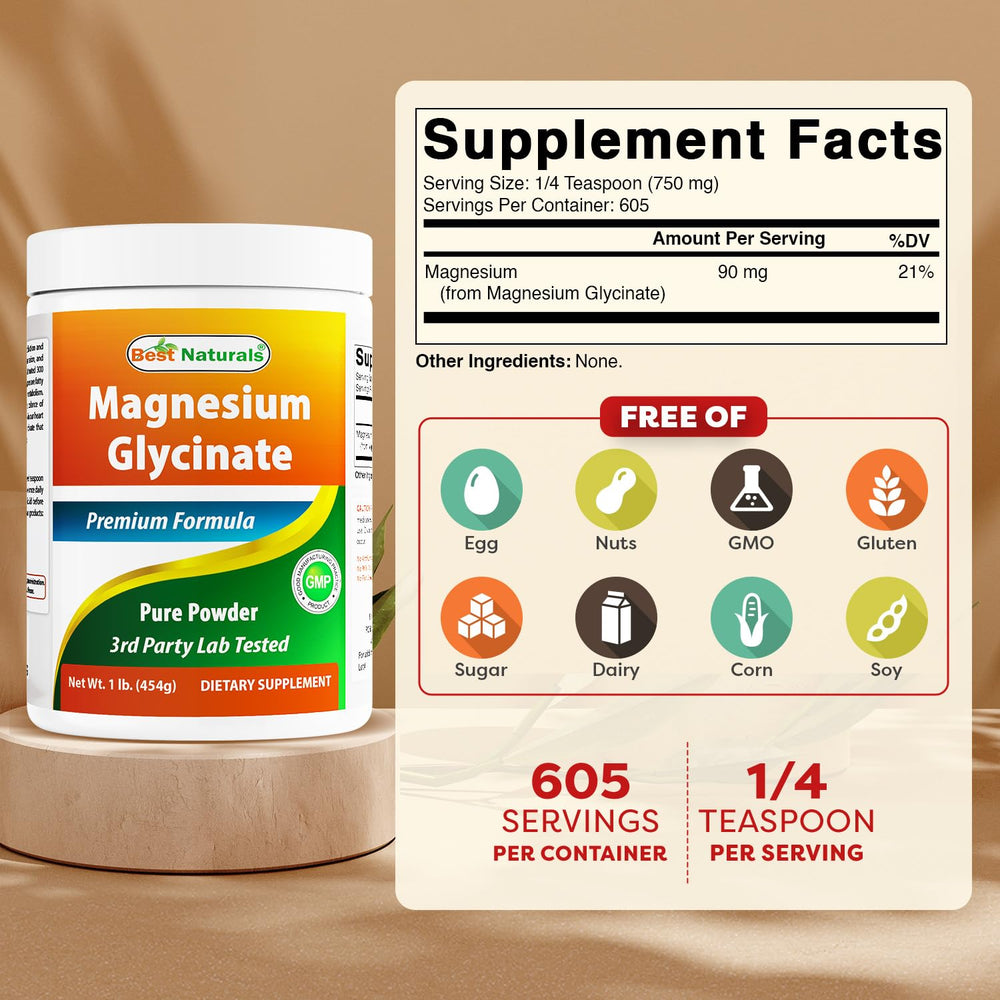 Side view of Best Naturals Magnesium Glycinate Powder bottle