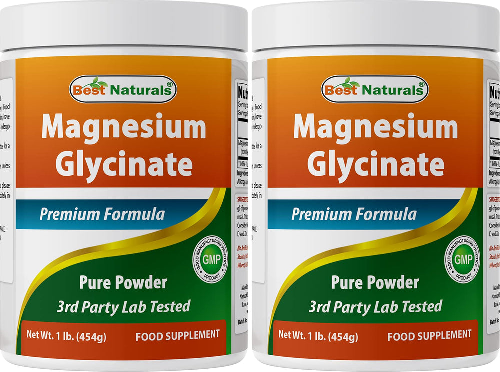 Front view of Best Naturals Magnesium Glycinate Powder bottle (1 lb pack of 2)