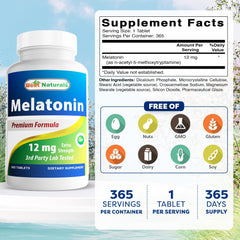 Close-up of Melatonin 12 mg tablet showing strength
