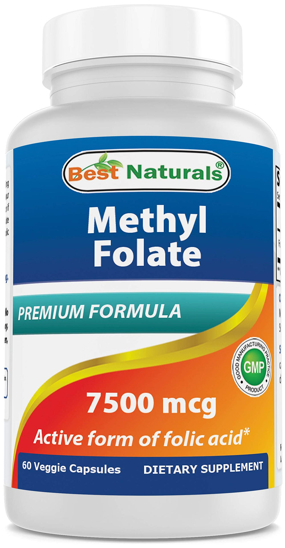 Bottle of Best Naturals Methyl Folate 7500 mcg vegetarian capsules