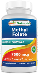 Bottle of Best Naturals Methyl Folate 7500 mcg vegetarian capsules