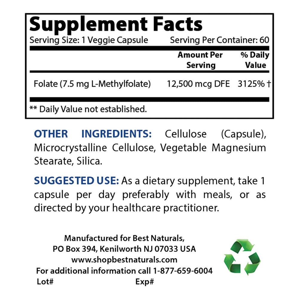Close-up of methyl folate 7500 mcg per capsule