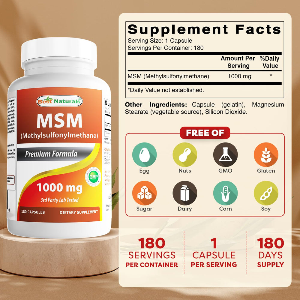Three-bottle package of Best Naturals MSM 1000 mg 180 capsules