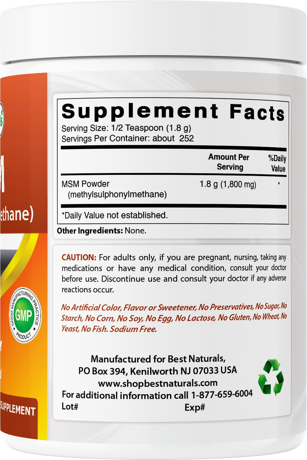 Made in USA facility label for MSM powder