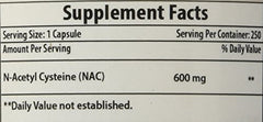 Nutrition facts label on NAC bottle
