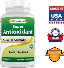 Product packaging display of Best Naturals Super Antioxidant 120 Tablets