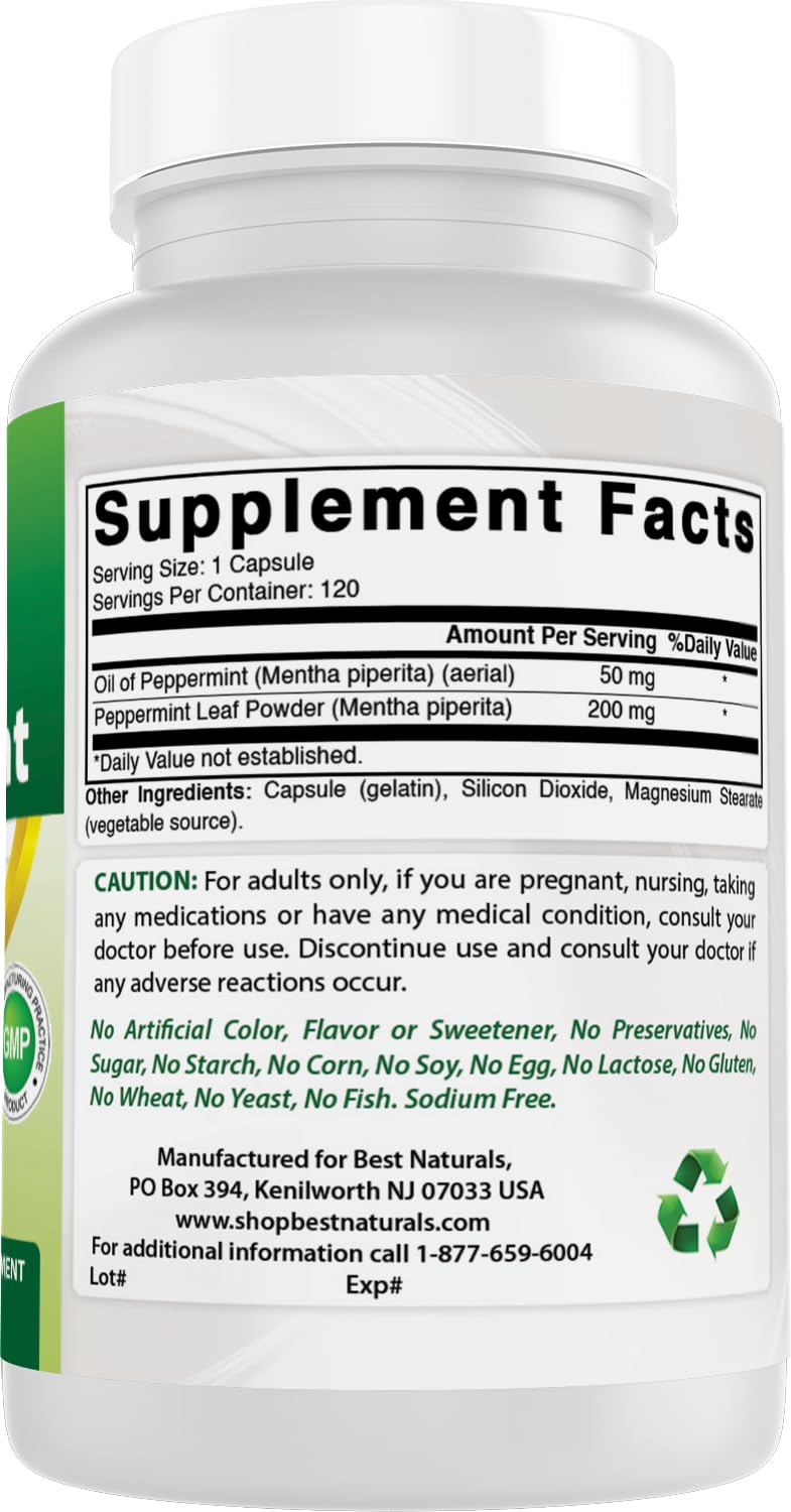 Ingredient label for Best Naturals Peppermint Oil capsules