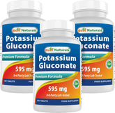 Front label of Best Naturals Potassium Gluconate 595 mg bottle, 250 tablets, Pack of 3