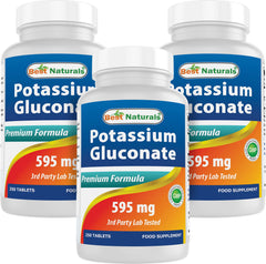 Front label of Best Naturals Potassium Gluconate 595 mg bottle, 250 tablets, Pack of 3