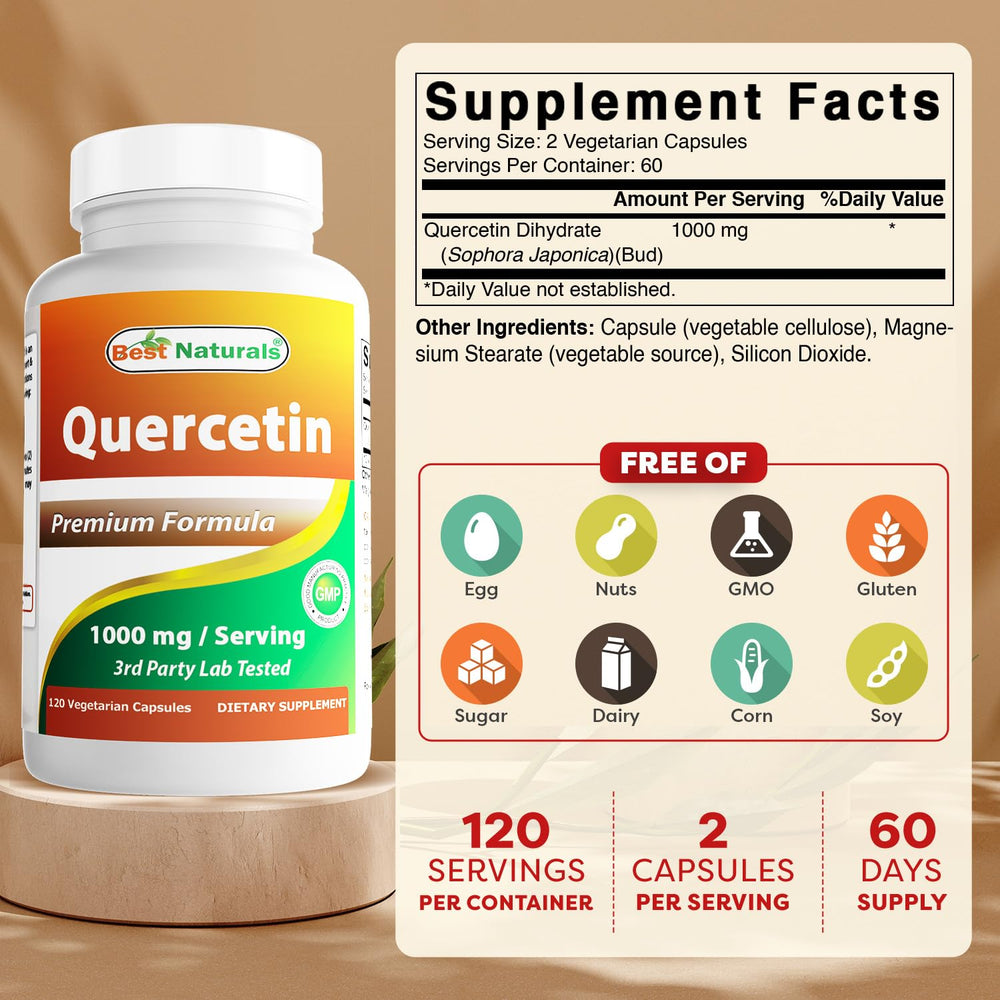 Side view of Best Naturals Quercetin 1000 mg 120 veggie capsules bottle