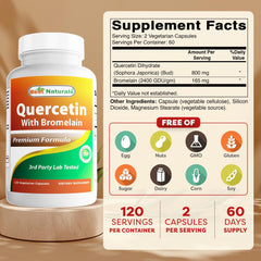 Quercetin with Bromelain label close-up showing 800mg quercetin and 165mg bromelain