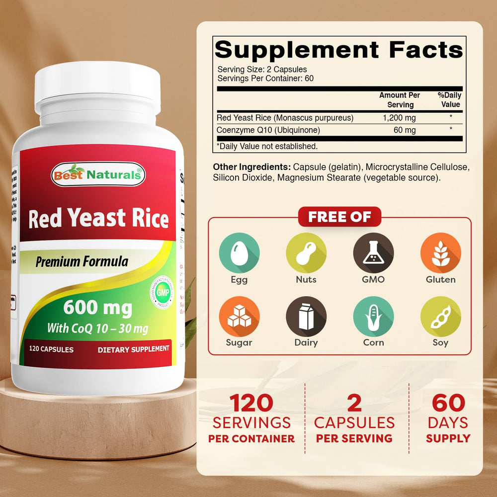 Label close-up showing 600 mg Red Yeast Rice and 30 mg CoQ10