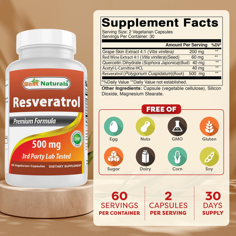 Resveratrol Complex 500 mg bottle label with 120 capsules