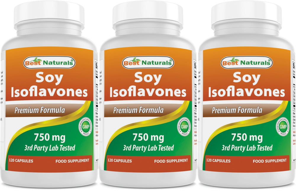 Bottle and 3-pack of Best Naturals Soy Isoflavones 750 mg, 120 capsules per bottle
