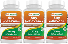 Bottle and 3-pack of Best Naturals Soy Isoflavones 750 mg, 120 capsules per bottle