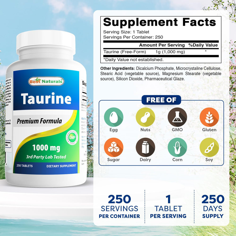 Rear view of Best Naturals Taurine 1000 mg bottle