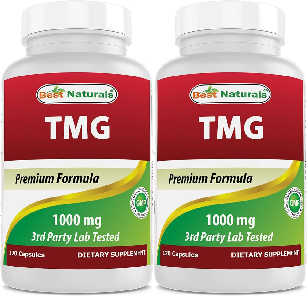 Front label of Best Naturals TMG 1000 mg bottle, 120 capsules, pack of 2