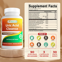 Best Naturals uric acid cleanse bottle label close-up highlights non-GMO and gluten-free.