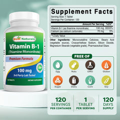 Close-up of Vitamin B1 100 mg label on bottle
