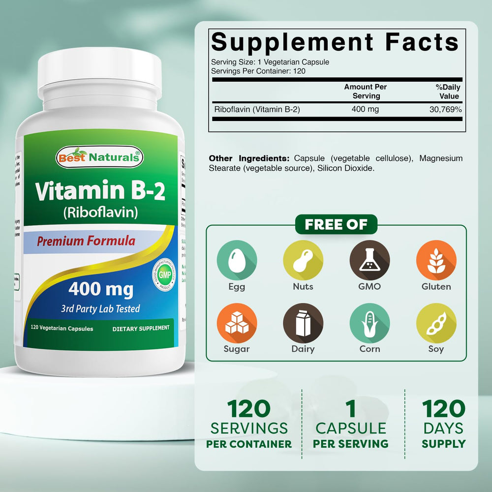 Close-up of Vitamin B2 Riboflavin 400mg veggie capsules label on bottle
