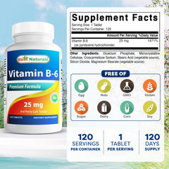 Close-up of label showing 25 mg Vitamin B6 per tablet