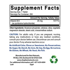 Vitamin B6 bottle label showing 250 tablets per bottle